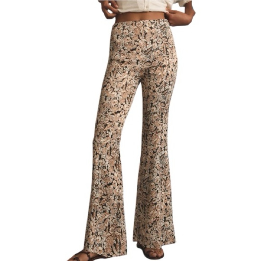 Anthropologie x Farm Rio Satin Botanical Floral Flare Pants High Rise Size 2